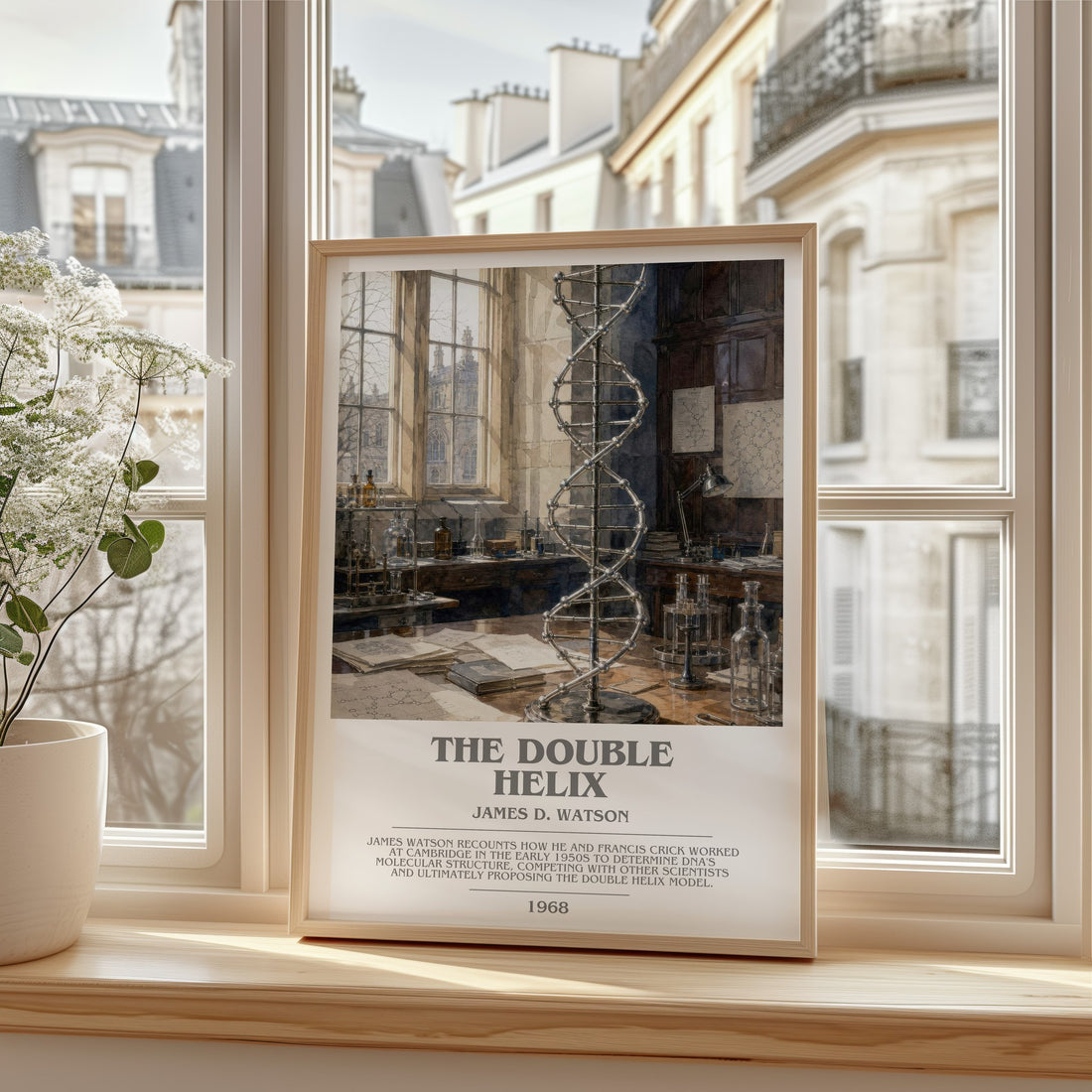 The Double Helix bookish print in frame leaning in hallway – memoir wall art