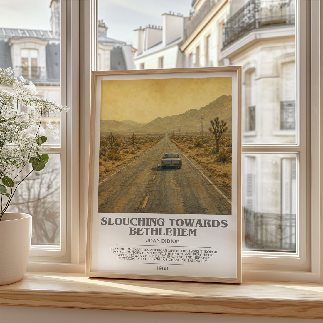 Slouching Towards Bethlehem Bookish Wall Art by Joan Didion – framed print by a bright window