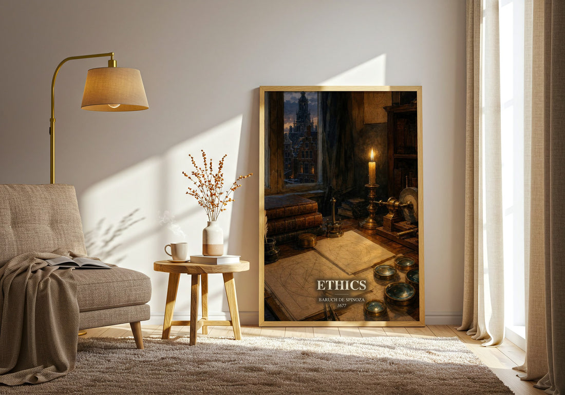 Ethics watercolour print in frame leaning in hallway – philosophy wall art