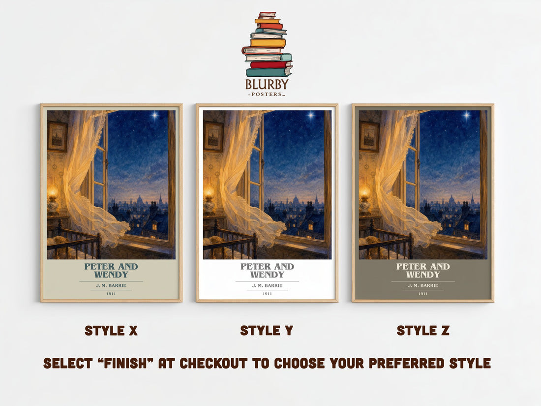 Peter And Wendy book cover print framed by window – literary home decor