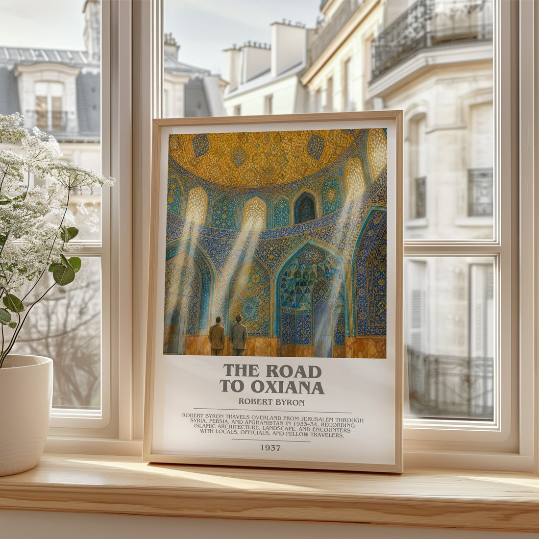 The Road to Oxiana bookish print in frame leaning in hallway – non fiction wall art