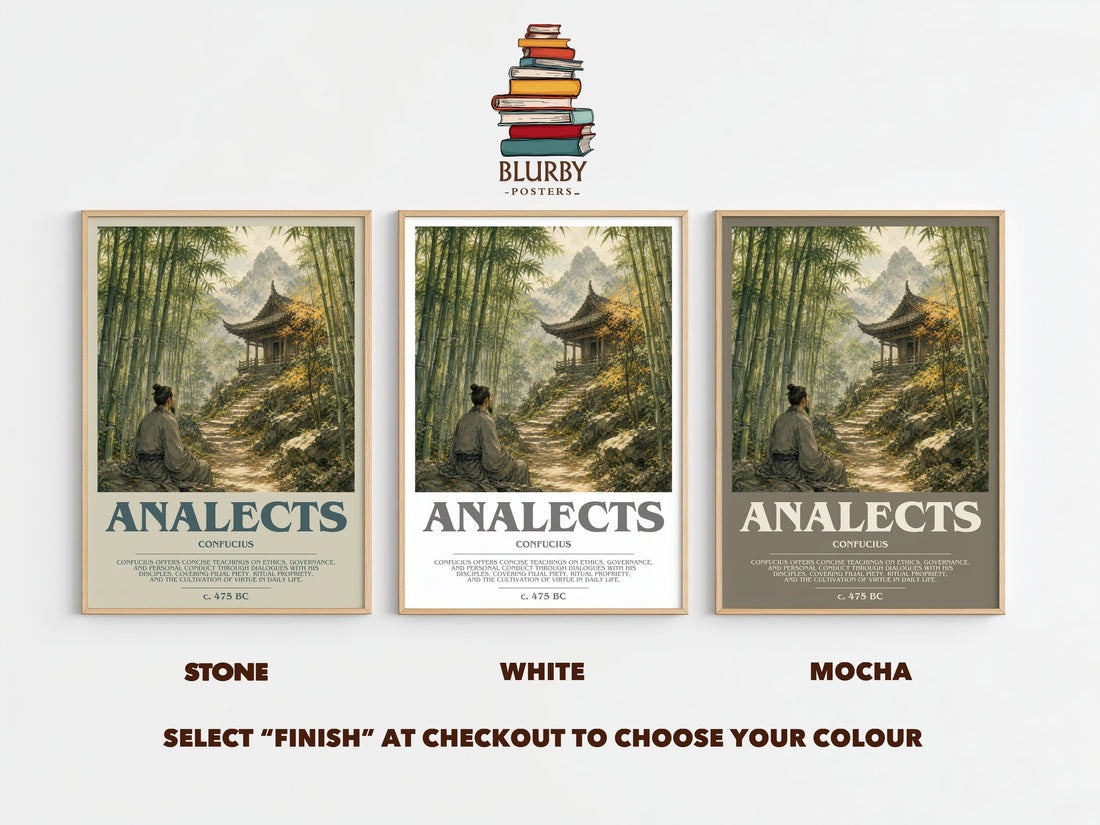 Analects bookish print framed by window – Stone, White and Mocha side by side – choose your colour