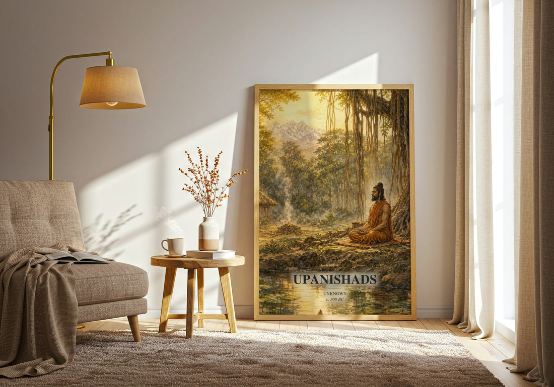 Upanishads watercolour print in frame leaning in hallway – philosophy wall art