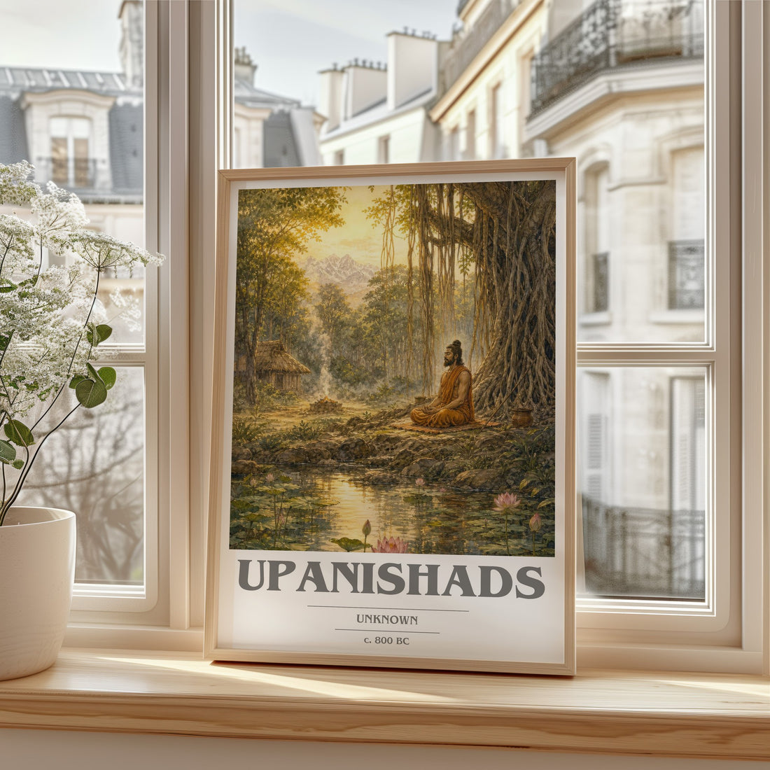 Upanishads book cover print in frame leaning in hallway – philosophy wall art