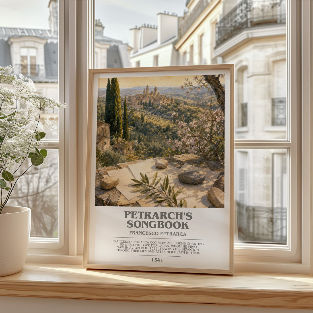 Petrarch's Songbook bookish print in frame leaning in hallway – poetry wall art