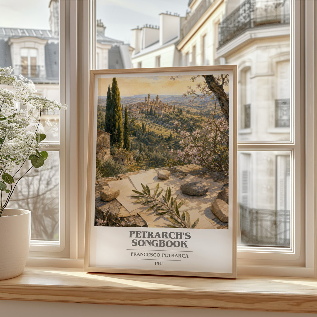 Petrarch's Songbook book cover print in frame leaning in hallway – poetry wall art
