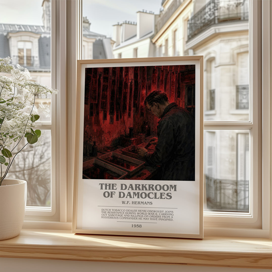 The Darkroom Of Damocles Bookish Wall Art by W.F. Hermans – framed print by a bright window