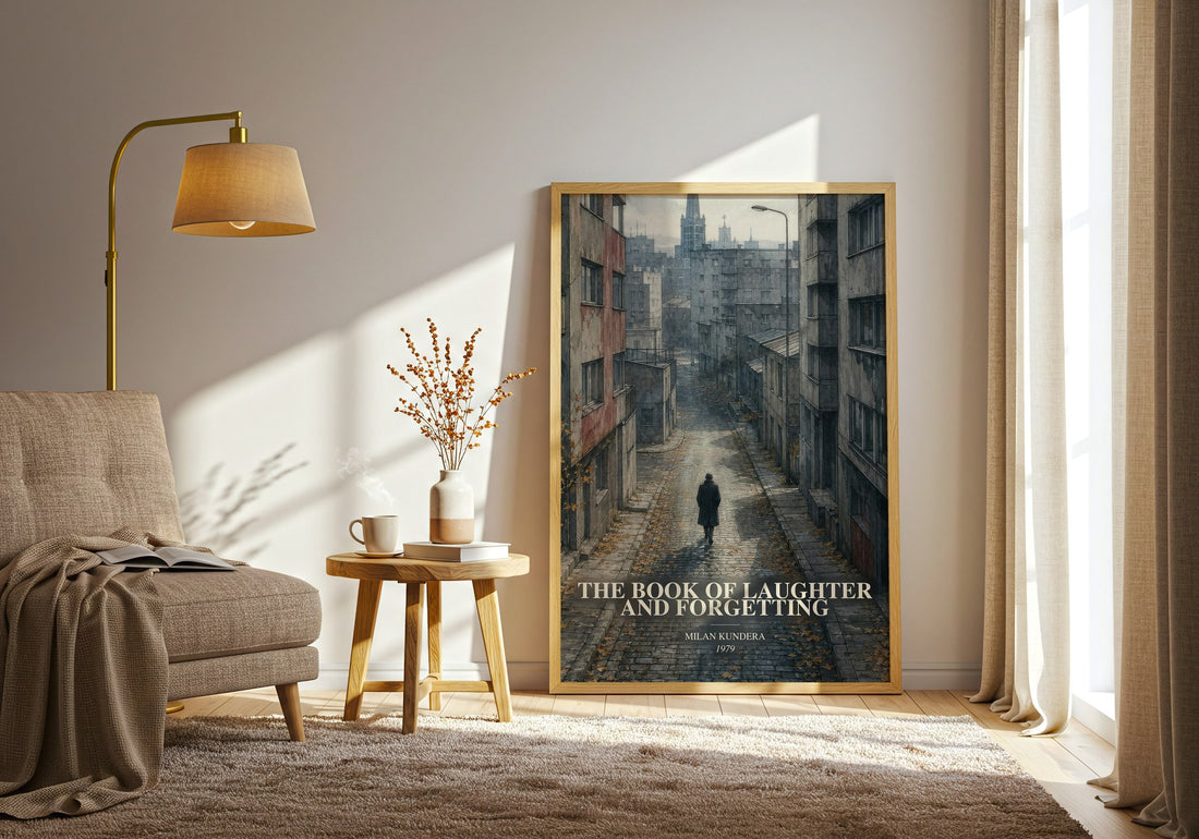 The Book of Laughter and Forgetting watercolour print in frame leaning in hallway – literary fiction wall art