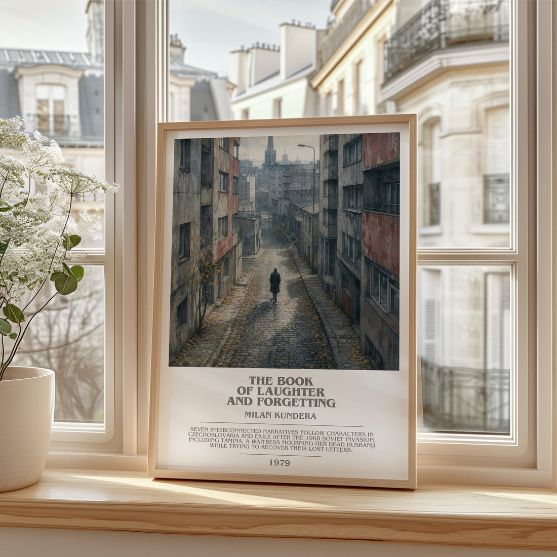 The Book of Laughter and Forgetting bookish print in frame leaning in hallway – literary fiction wall art