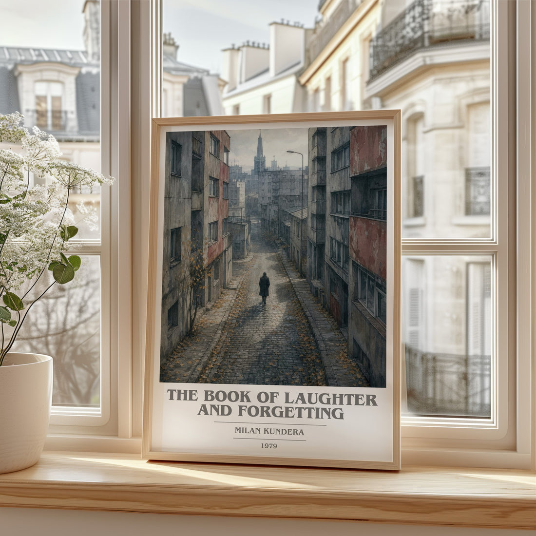 The Book of Laughter and Forgetting book cover print in frame leaning in hallway – literary fiction wall art