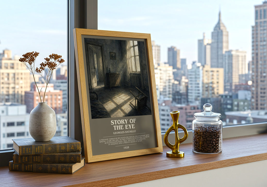 Story of the Eye Bookish Wall Art by Georges Bataille – framed print on a city-view windowsill
