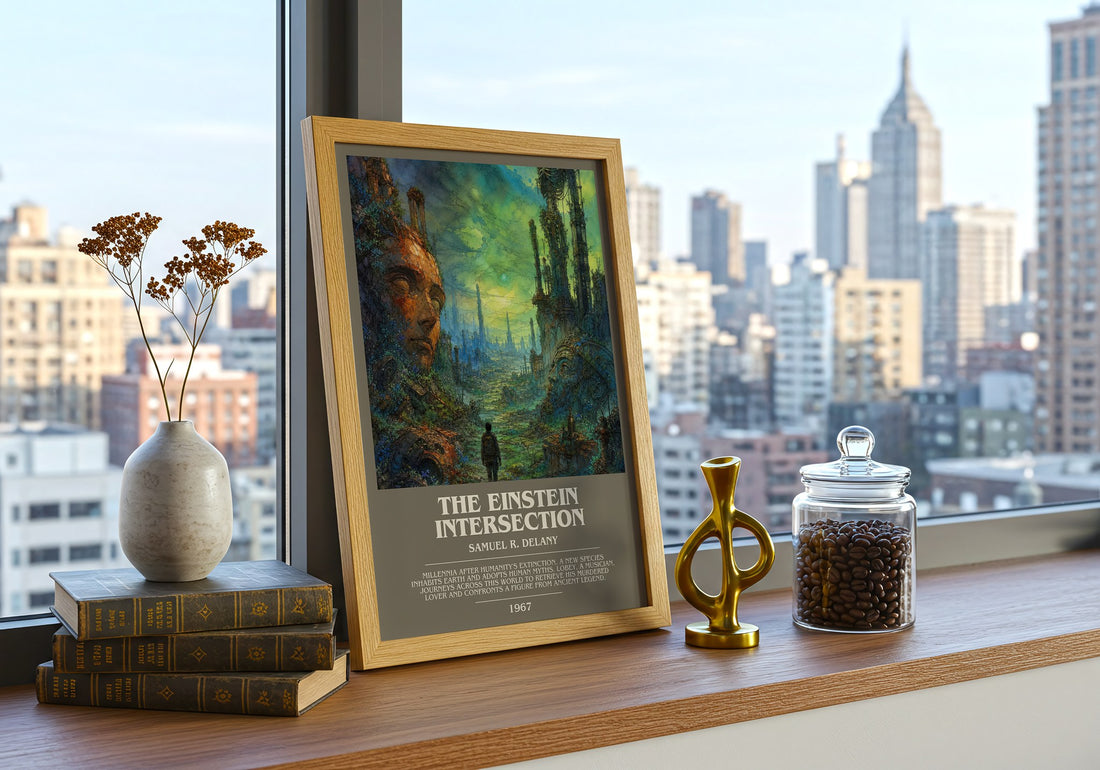 The Einstein Intersection Bookish Wall Art by Samuel R. Delany – framed print on a city-view windowsill