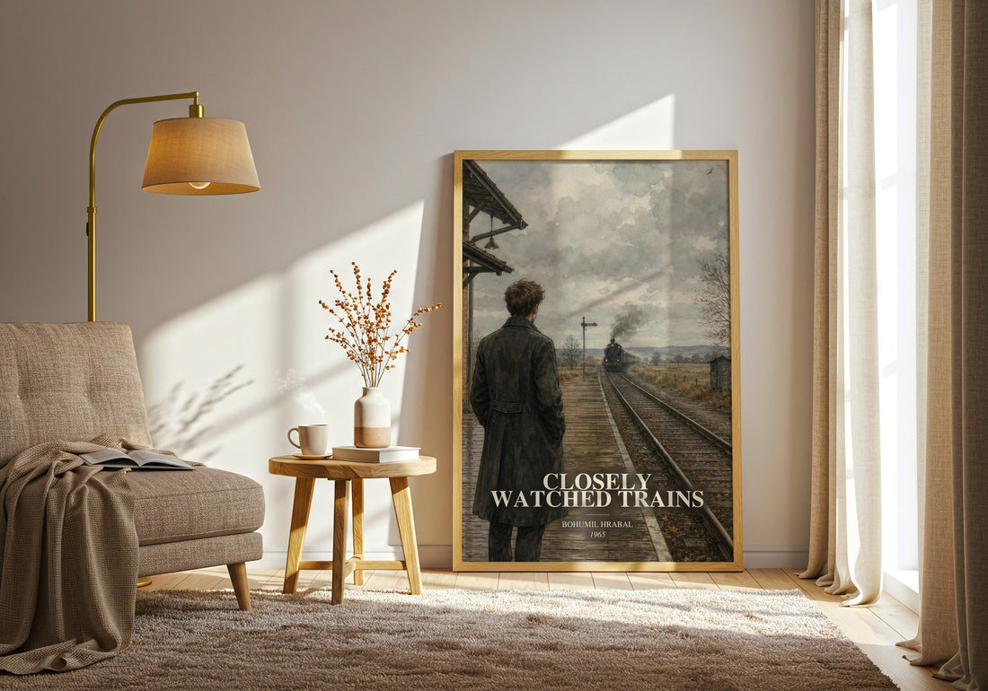 Closely Watched Trains watercolour print in frame leaning in hallway – literary fiction wall art