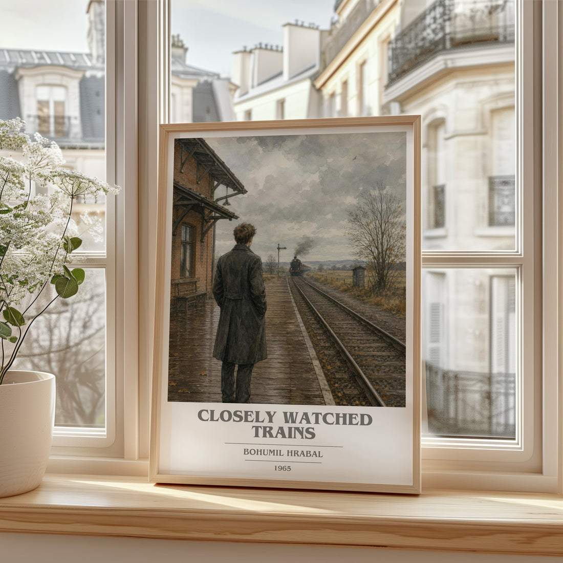 Closely Watched Trains book cover print in frame leaning in hallway – literary fiction wall art