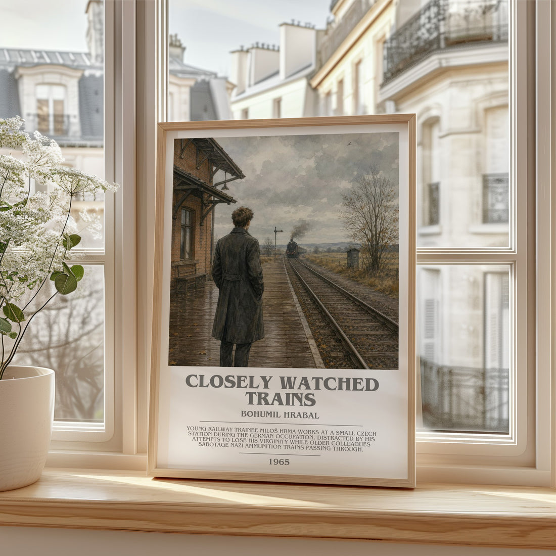 Closely Watched Trains bookish print in frame leaning in hallway – literary fiction wall art