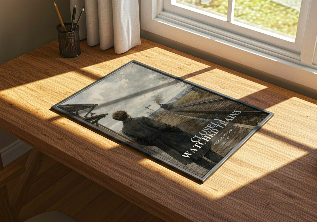 Closely Watched Trains watercolour book poster framed on wall – literary fiction wall art