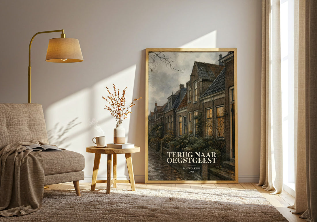 Terug naar Oegstgeest watercolour print in frame leaning in hallway – literary fiction wall art
