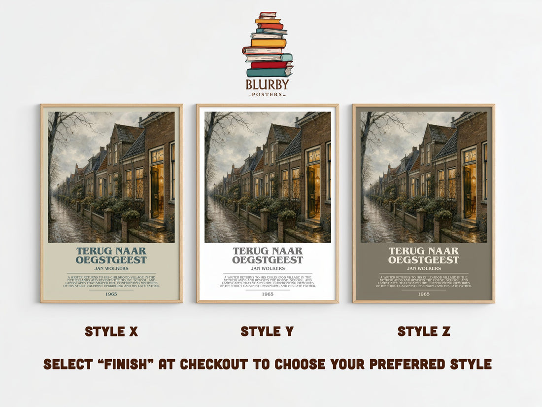 Terug naar Oegstgeest bookish print framed by window – literary home decor