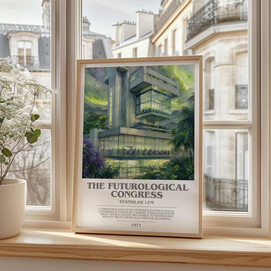 The Futurological Congress bookish print in frame leaning in hallway – sci fi wall art