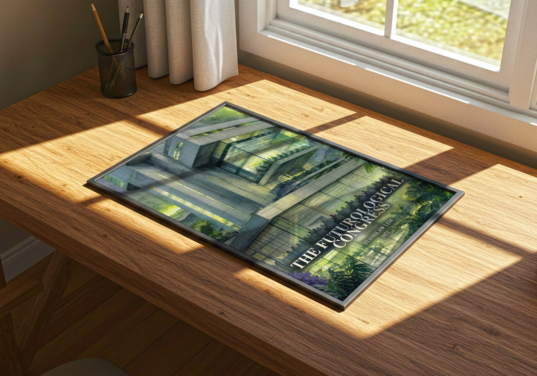 The Futurological Congress watercolour book poster framed on wall – sci fi wall art