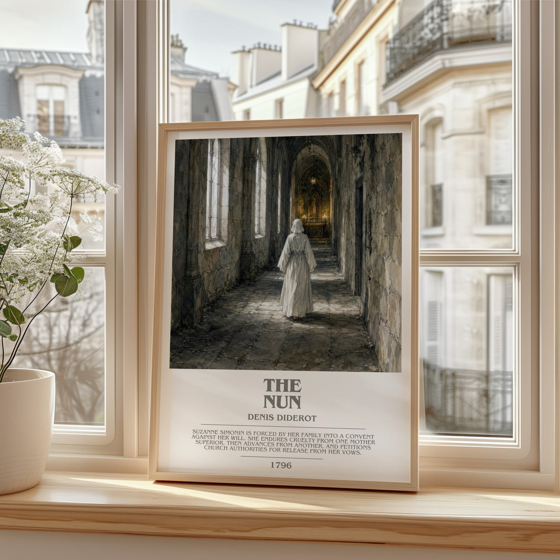 The Nun bookish print in frame leaning in hallway – philosophy wall art