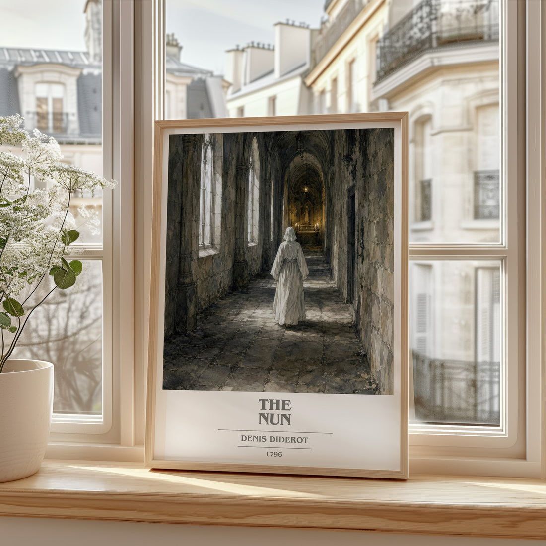 The Nun book cover print in frame leaning in hallway – philosophy wall art