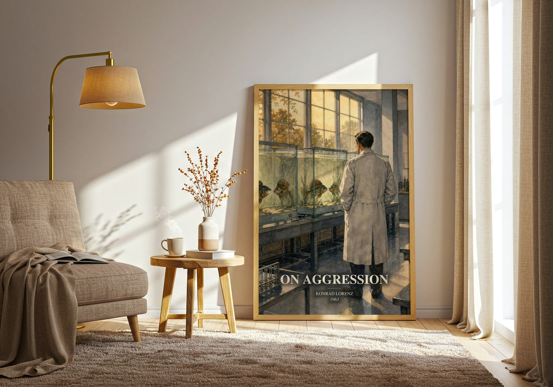 On Aggression watercolour print in frame leaning in hallway – non fiction wall art