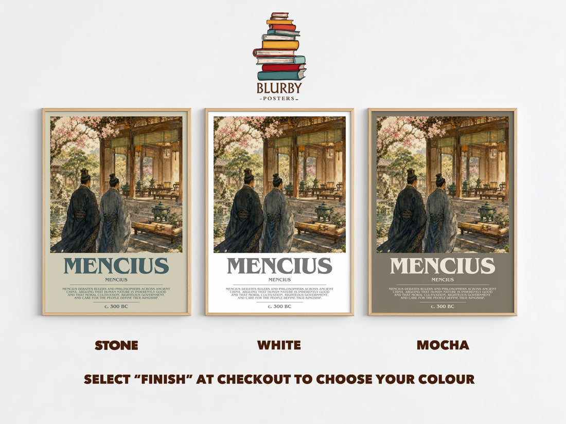 Mencius bookish print framed by window – Stone, White and Mocha side by side – choose your colour