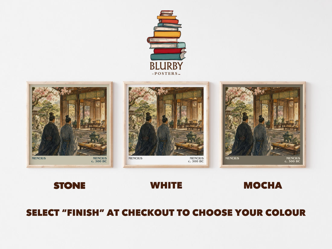 Mencius literary print framed by window – Stone, White and Mocha square prints side by side – choose your colour