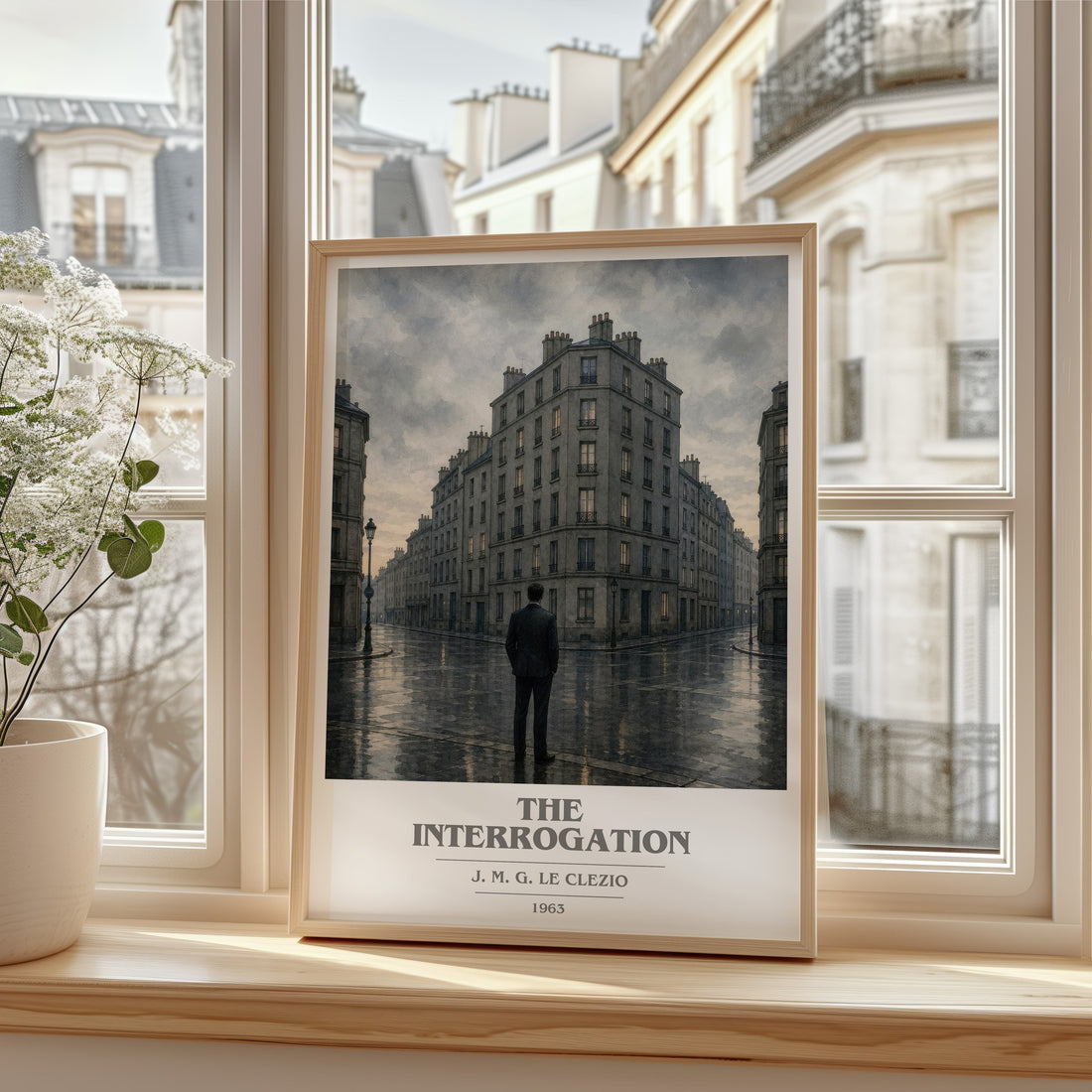 The Interrogation book cover print in frame leaning in hallway – literary fiction wall art