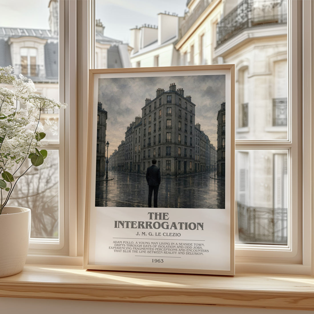 The Interrogation bookish print in frame leaning in hallway – literary fiction wall art