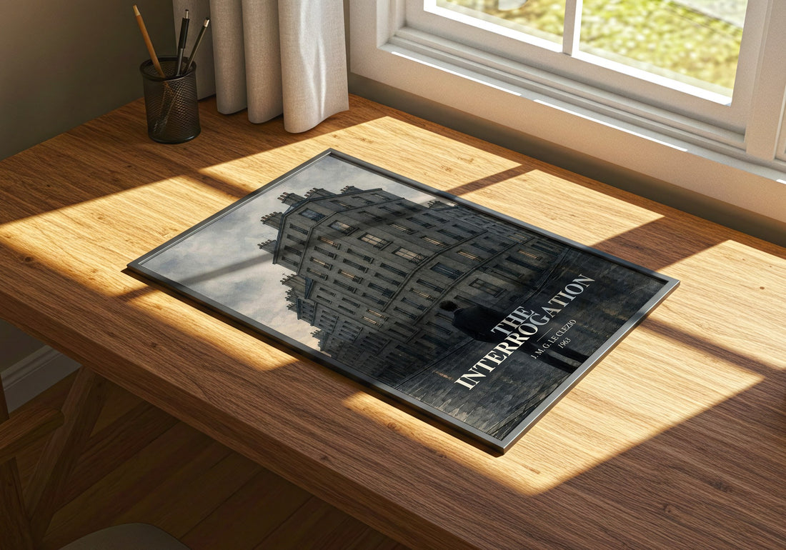The Interrogation watercolour book poster framed on wall – literary fiction wall art