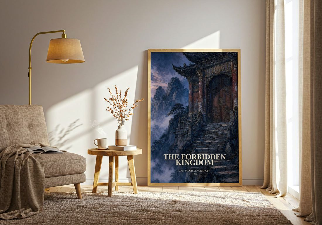 The Forbidden Kingdom watercolour print in frame leaning in hallway – literary fiction wall art
