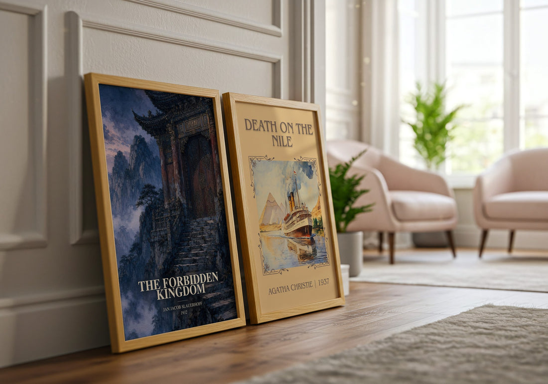 The Forbidden Kingdom watercolour print framed by window – literary home decor