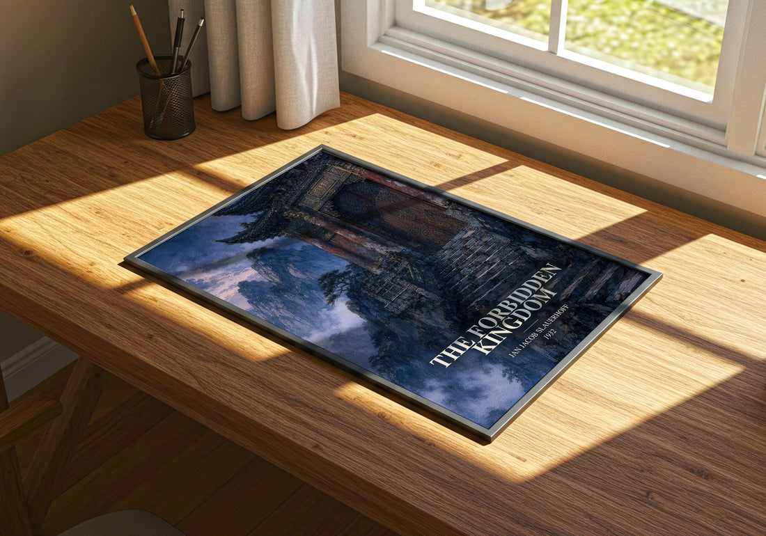 The Forbidden Kingdom watercolour book poster framed on wall – literary fiction wall art