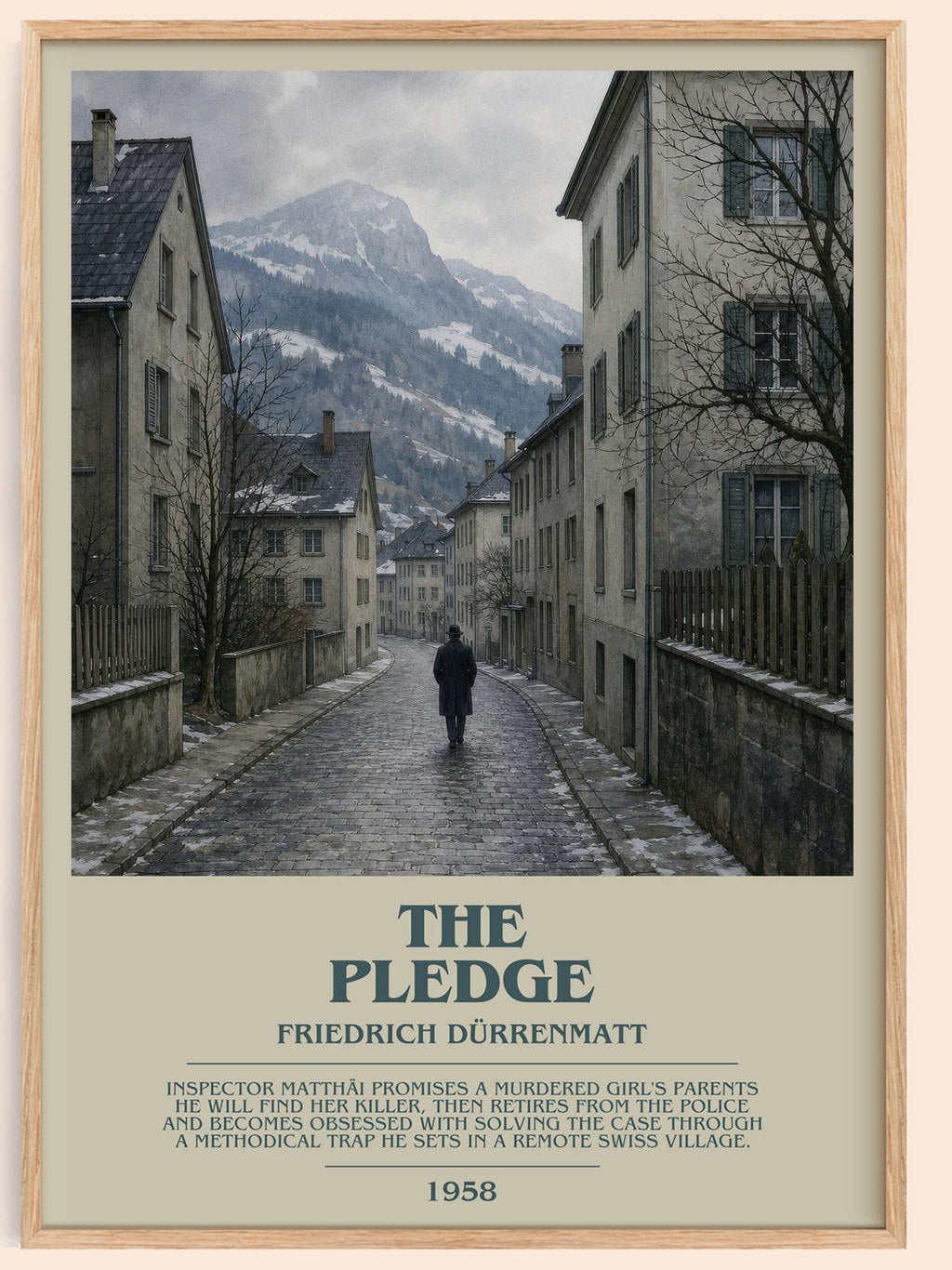The Pledge bookish book poster by Friedrich Dürrenmatt – framed literary art print