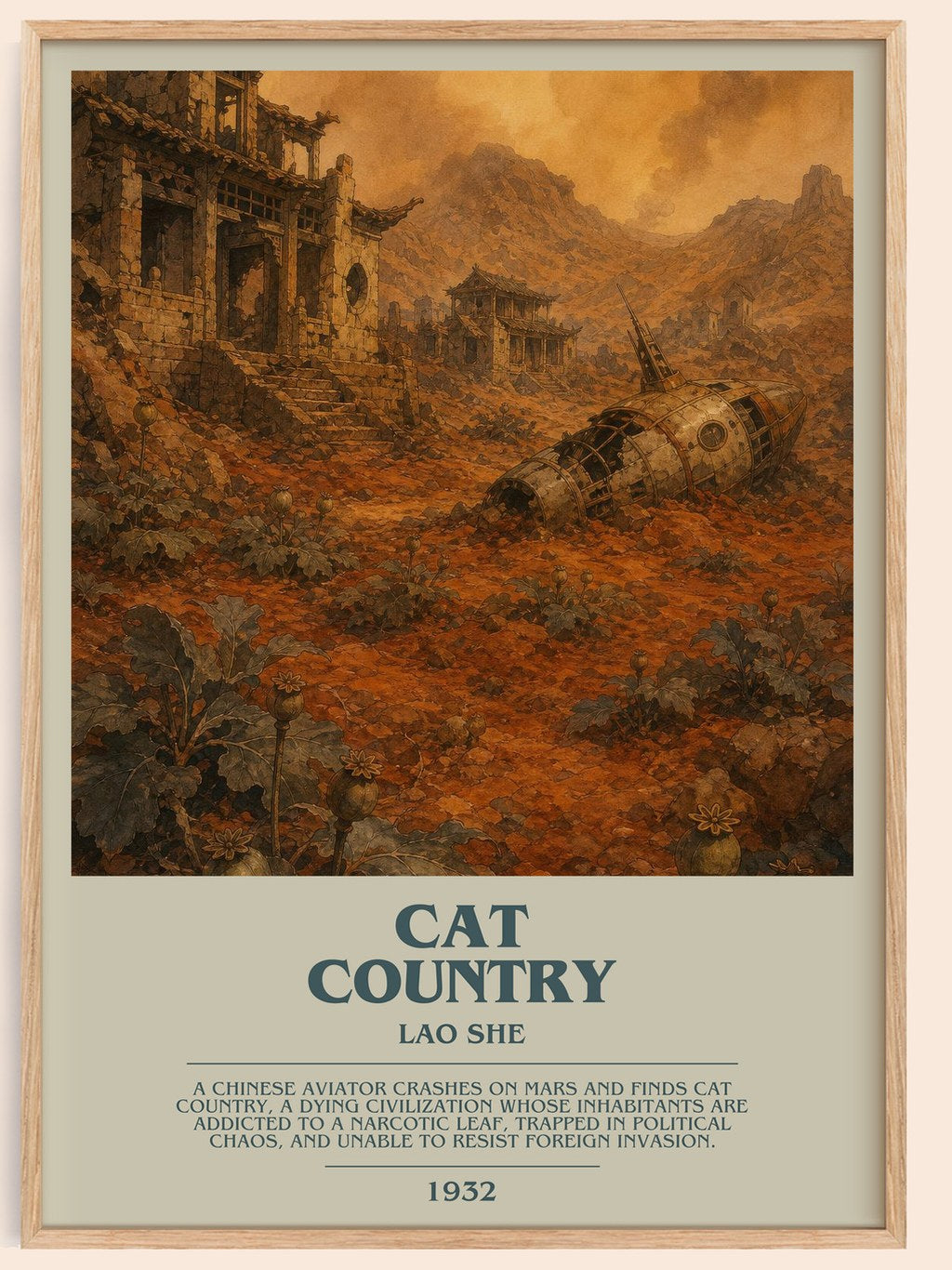 Cat Country bookish book poster by Lao She – framed literary art print