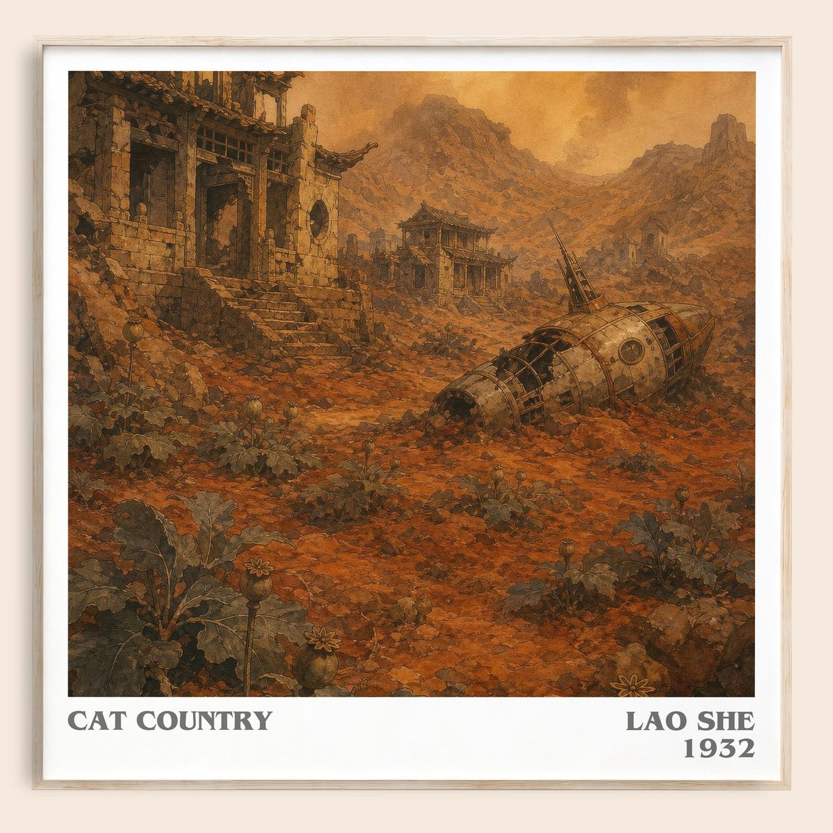 Cat Country literary book poster by Lao She – framed literary art print
