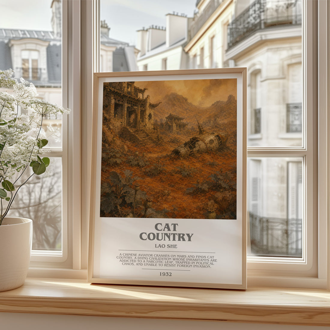 Cat Country bookish print in frame leaning in hallway – satire wall art