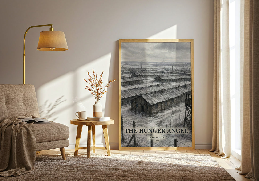 The Hunger Angel watercolour print in frame leaning in hallway – literary fiction wall art