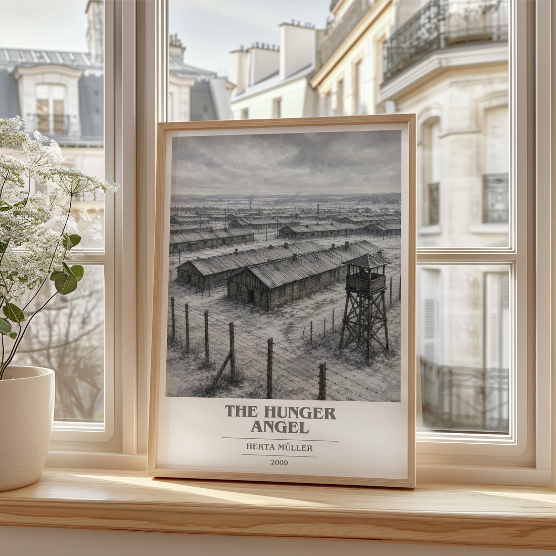 The Hunger Angel book cover print in frame leaning in hallway – literary fiction wall art