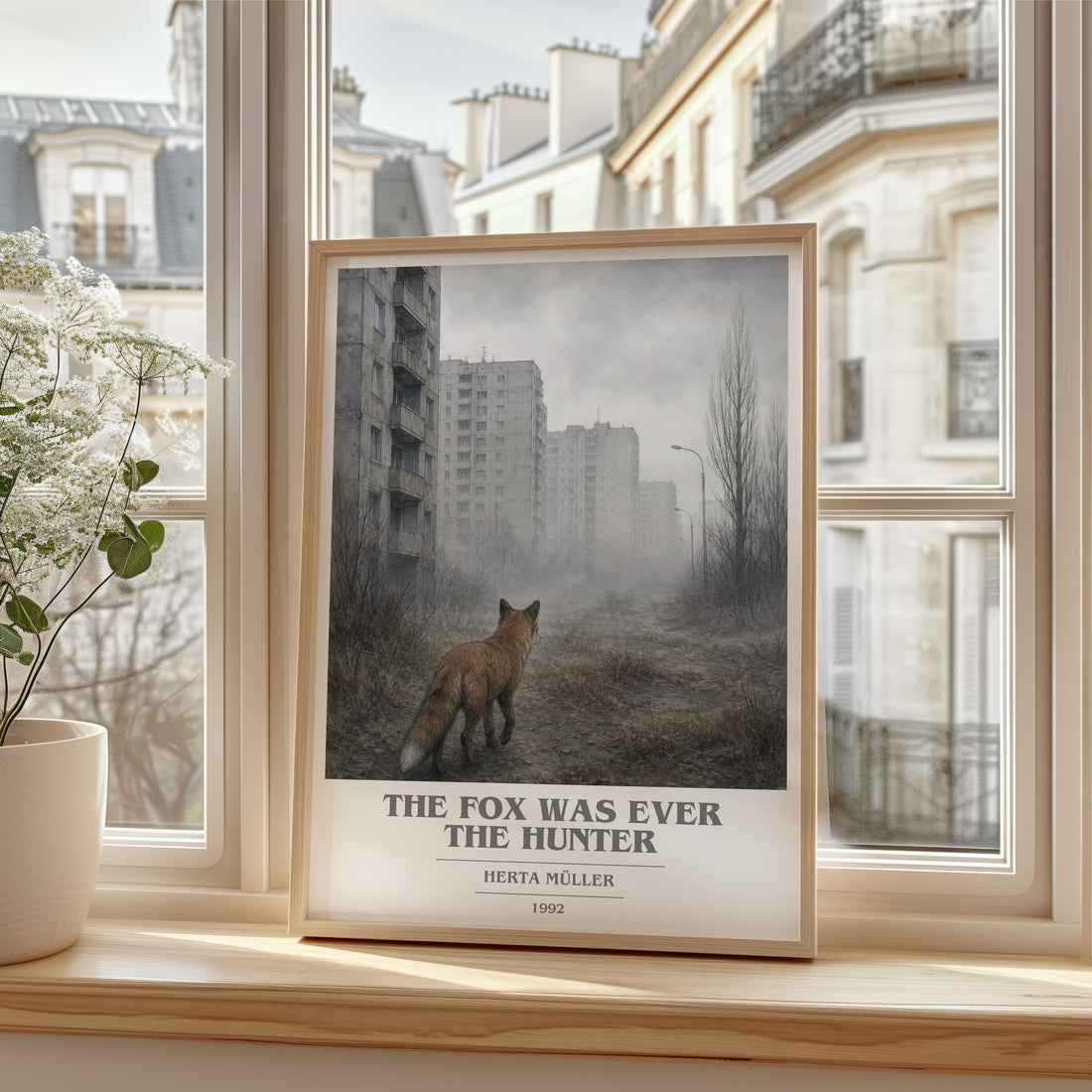 The Fox Was Ever The Hunter book cover print in frame leaning in hallway – literary fiction wall art