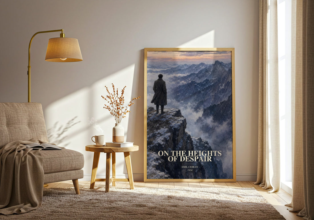 On the Heights of Despair watercolour print in frame leaning in hallway – philosophy wall art