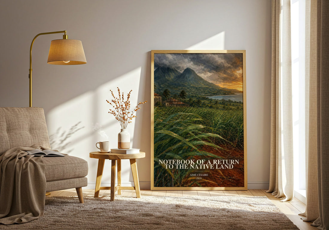 Notebook Of A Return To The Native Land watercolour print in frame leaning in hallway – poetry wall art