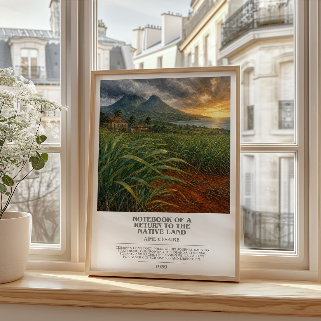 Notebook Of A Return To The Native Land bookish print in frame leaning in hallway – poetry wall art