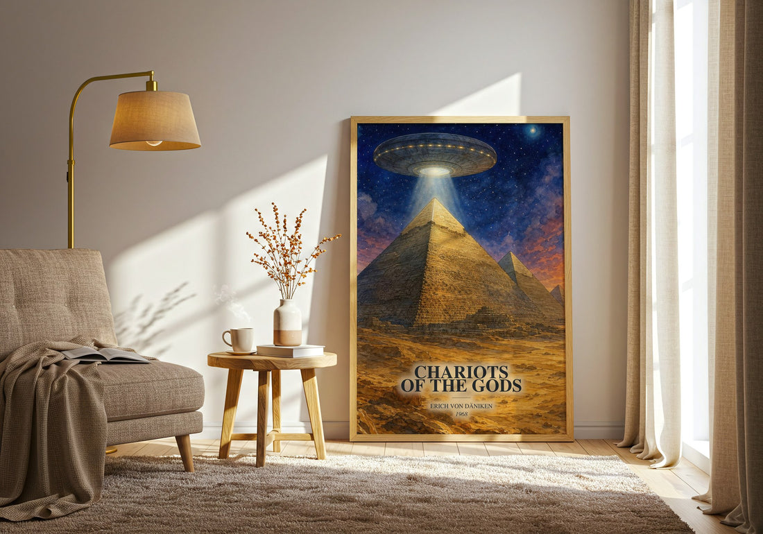 Chariots Of The Gods watercolour print in frame leaning in hallway – non fiction wall art