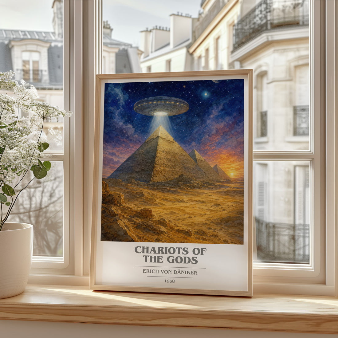 Chariots Of The Gods book cover print in frame leaning in hallway – non fiction wall art