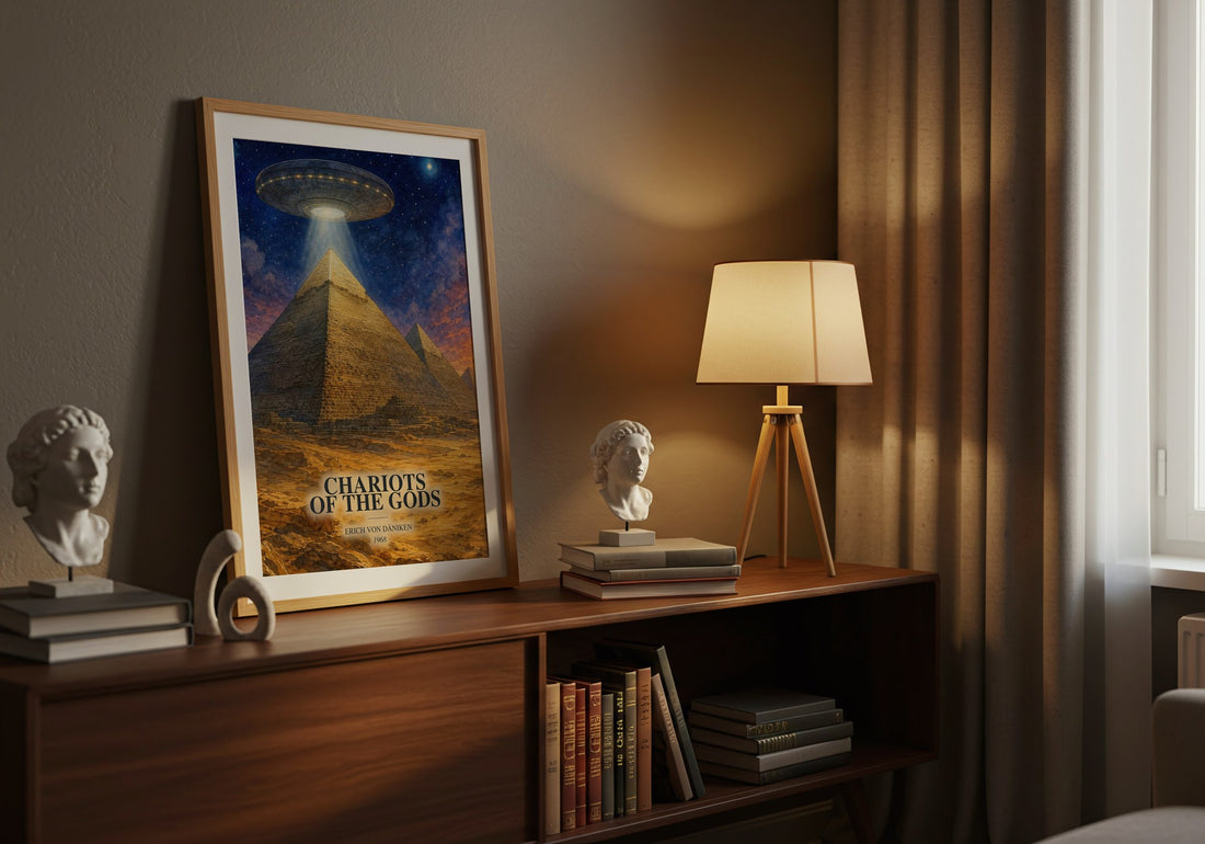 Chariots Of The Gods watercolour print on bookshelf – Erich Von Däniken fan gift