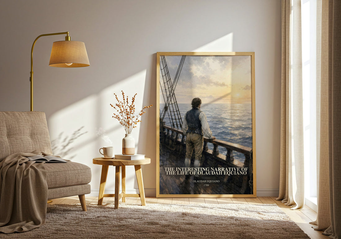 The Interesting Narrative of the Life of Olaudah Equiano watercolour print in frame leaning in hallway – memoir wall art