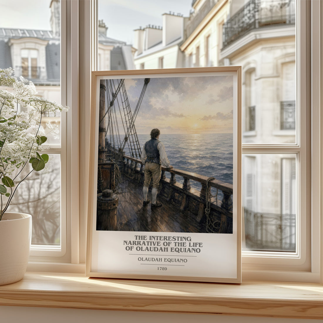 The Interesting Narrative of the Life of Olaudah Equiano book cover print in frame leaning in hallway – memoir wall art